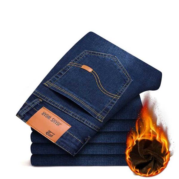 

men's jeans men winter warm denim thicken fleece long trouser 28-40, Blue