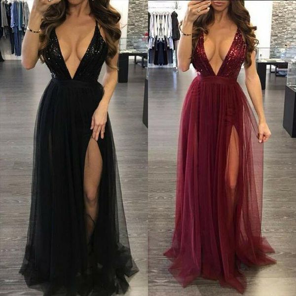 

setwell deep v-neck a-line evening dresses sleeveless sequins front split pleated tulle floor length prom party gowns, Black;red