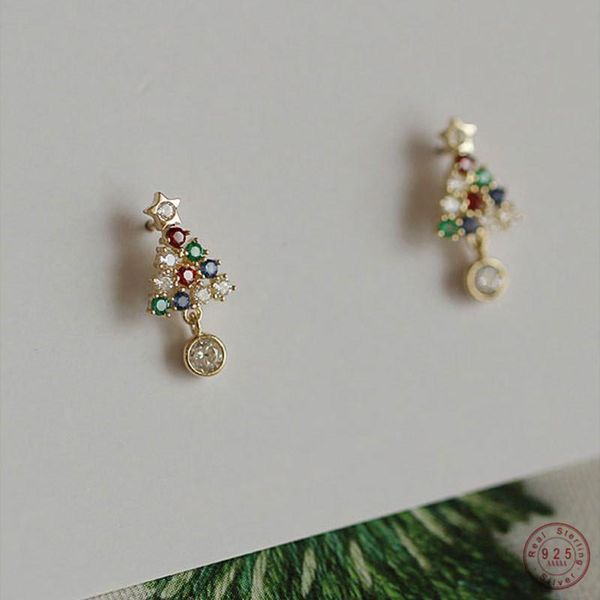 

925 sterling silver simple christmas tree stud earrings women pavé color crystals christmas fashion jewelry accessories, Golden;silver