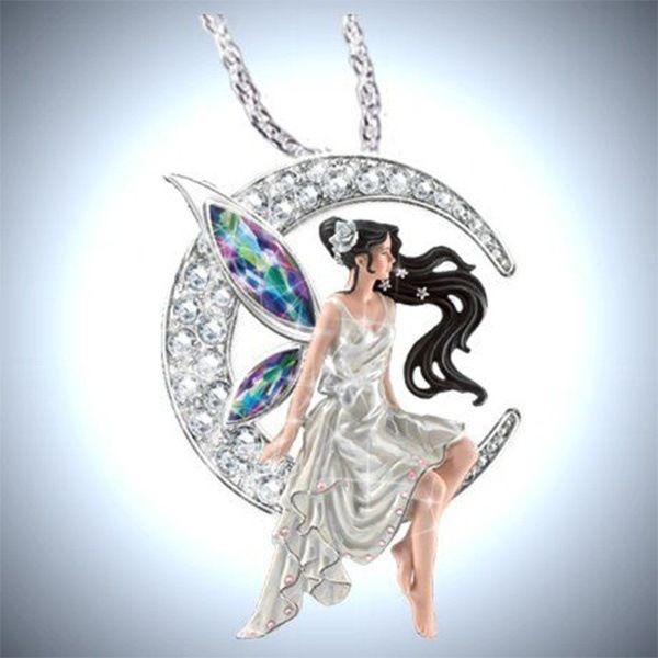 

npkds fairy angel moon star retro jewelry necklace alloy rhinestone pendant fashion new design gift for women necklace, Silver