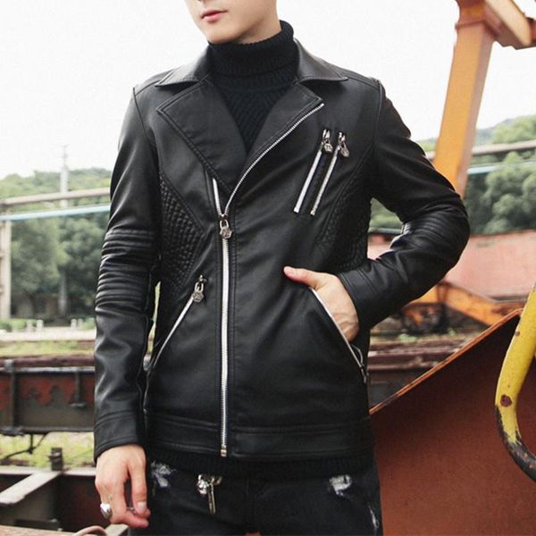 

новые мужчины мода мотоцикл кожаная куртка slim fit coats мужской повседневная наклонная застежка на молнии ветрозащитный черный куртка m-3x, Black