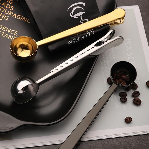 

2 in 1 stainless steel coffee spoon, coffee bean measuring spoon with sealed clip, multi-purpose coffee spoon with clip, household