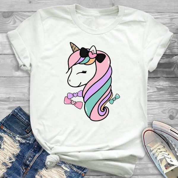 

women lady t shirt cartoon unicorn printed tshirt ladies short sleeve loose tee shirt women female clothes graphic t-shirt, White