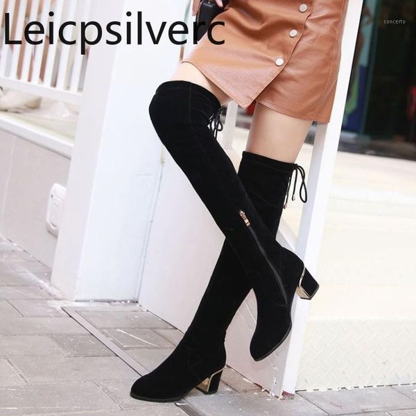 

women's boots autumn and winter the new fashion round head zipper lace-up thick heel mid heel women's over the knee boots 34-391, Black