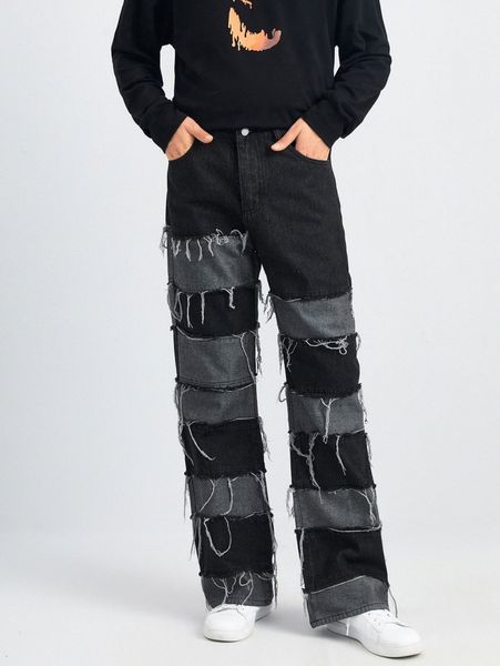 

men high waist raw detail colorblock jeans f7ku#, Blue