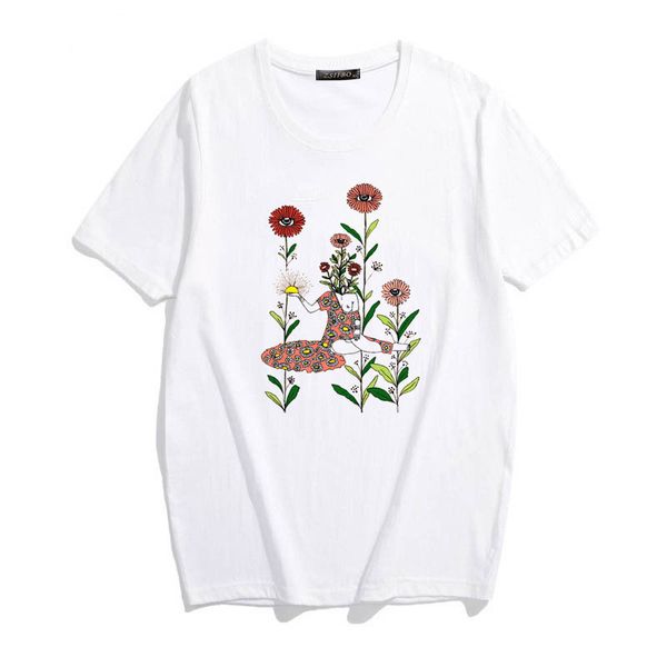 

ladies summer round neck printing ladies fashion design shirt flower round neck monochrome printing t-shirt short sleeves, White