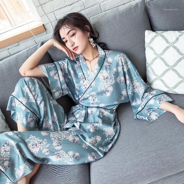 

women's sleepwear pajamas female kimono style long sleeve robes with trousers home suit printing woman sleeping pajama for spring and a, Black;red