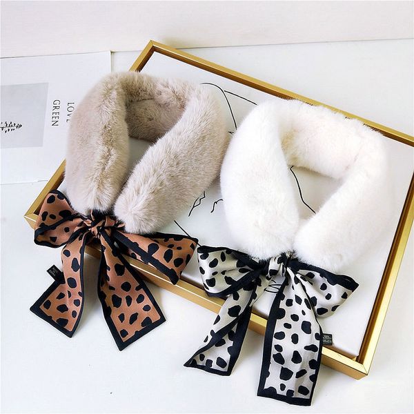 

new long skinny silk letter leopard printed hair head scarf with winter warm faux fur neck collar scarves for women foulard 201210, Blue;gray