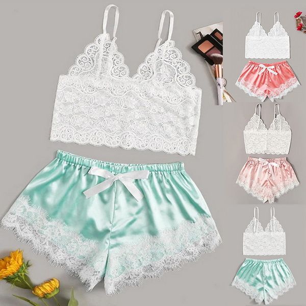 

pyjamas sleep wear women satin lace v-neck camisole bowknot shorts set sleepwear pajamas lingerie, Black;white