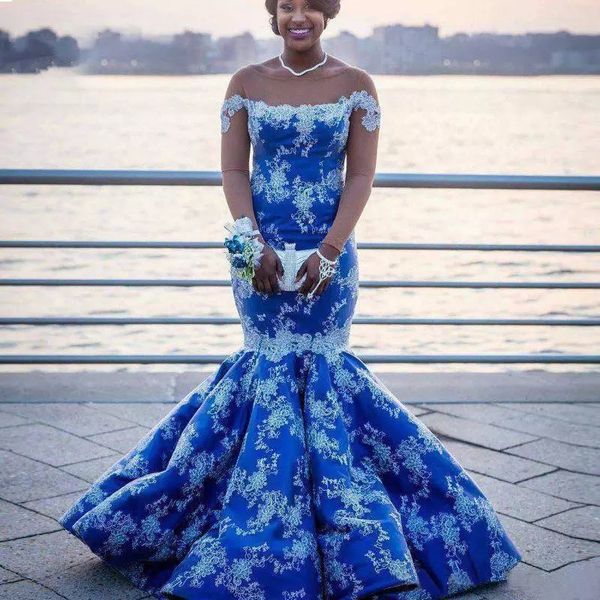 

gorgeous blue evening party dresses scoop long sleeveless mermaid prom gowns with white lace applique 2021 plus size formal party gown, Black;red