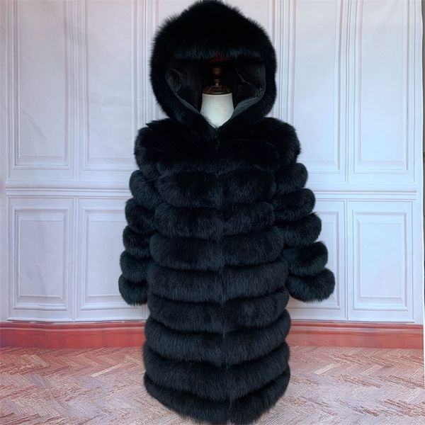 

90cm real fur long coat with hood natural fox fur jacket hood plus size female winter jacket real fur vests 201214, Black