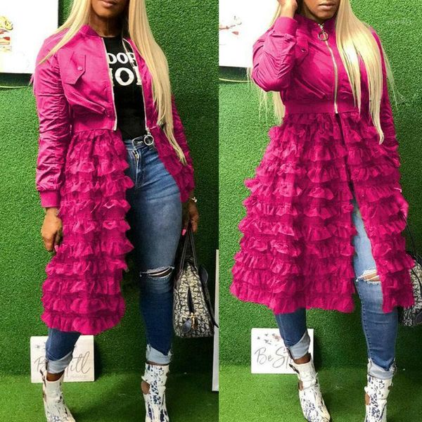 

autumn women jackets long sleeve zipper long sleeve ruffled oversize jacket mesh sheer ladies coat 3colors1, Black;brown