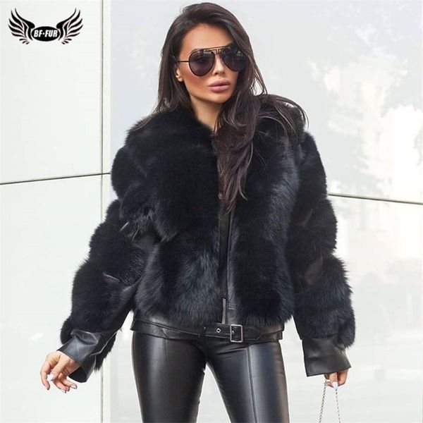 

bffur winter fashion real fox fur coats for women locomotive style genuine sheep leather jacket natural fox fur coat female 201212, Black