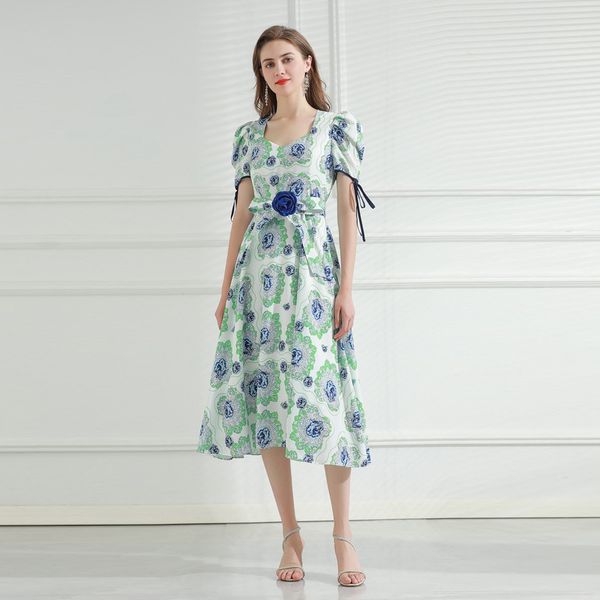 

2021 spring short sleeve square neck print milan runway dress designer dress brand same style dress 12.14-3, Black