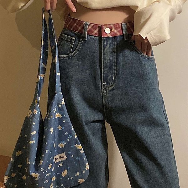 

new dark high waist straight tube jeans women's wide leg loose and thin daddy pants, Blue