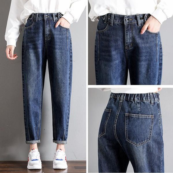 

2020 autumn women denim pants high waist elastic jeans femme casual loose jeans slim vintage female cowboy trousers r1861, Blue