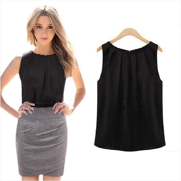 

fold tank women streetwear loose casual chiffon solid sleeveless vest summer o neck black women clothing, White