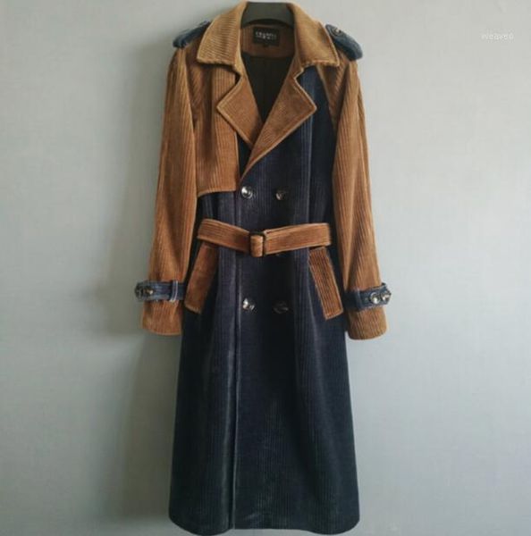 

s-6xl 2020 new men clothing fashion ultra-long patchwork corduroy trench coat spring casual plus size loose retro overcoat1, Tan;black