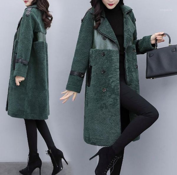 

women green lambskin coat wool mid-length fashion female fur coats double-breasted turn-down coat pockets chic outwear 2020 new1, Black