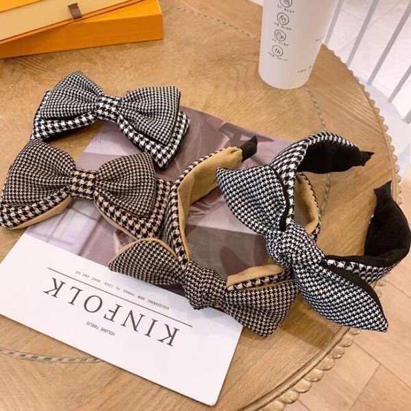 

korean classics thousand bird grid hair hoop fashion wide-brimmed bowknot hairhoop hairpin edge clip woemn hair accessories jewelry set, Silver