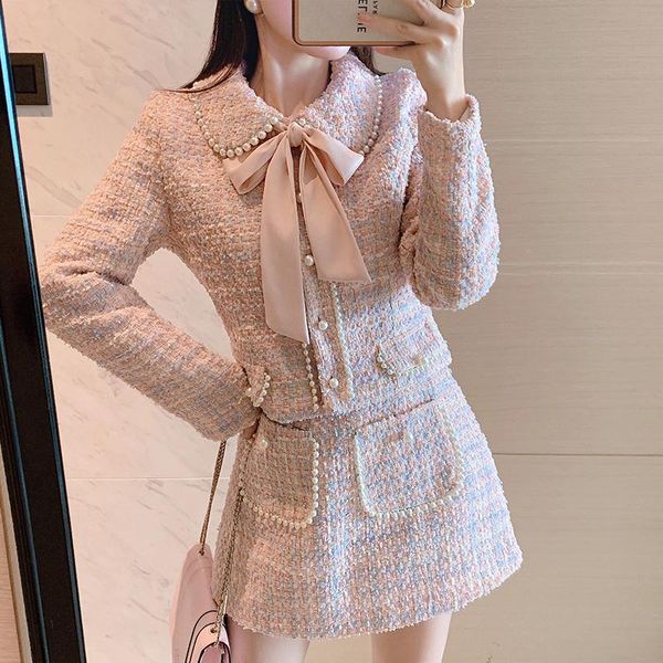 

women's tracksuits fashion autumn winter tweed skirt set women beading bow plaid pink jacket coat + blends wool mini pockets suits two, Gray