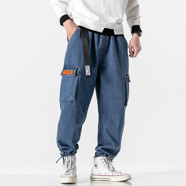 

vintage japanese-style retro washing retro multi-pocket workwear jeans men's spring new style ankle banded, Blue