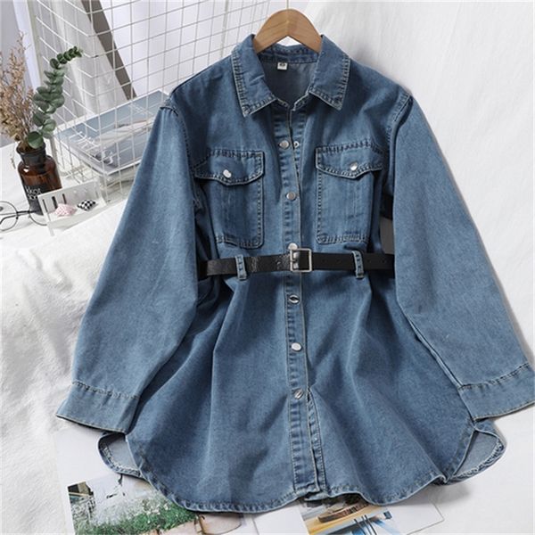 

2021 new temperament versatile double pockets age reduction fashion belt denim jacket shirt autumn korean style trend npi4, White