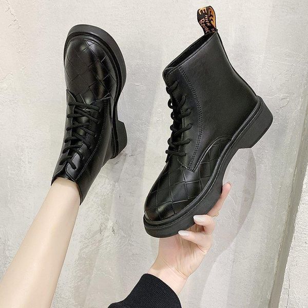 

winter shoes women leather boots diamond chunky boots platform ankle motorcycle lace up round toe botas de mujer1, Black