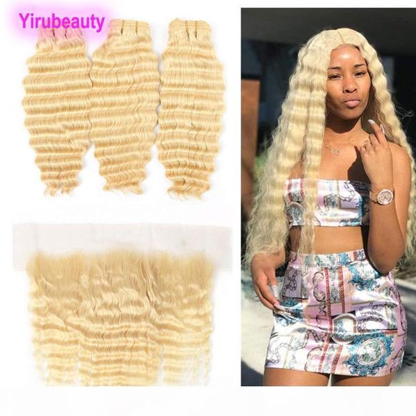 

malaysian human hair three bundles with 13x4 lace frontal deep wave 613# ear to ear lace frontal with hair extensions blonde 4pcs, Black;brown