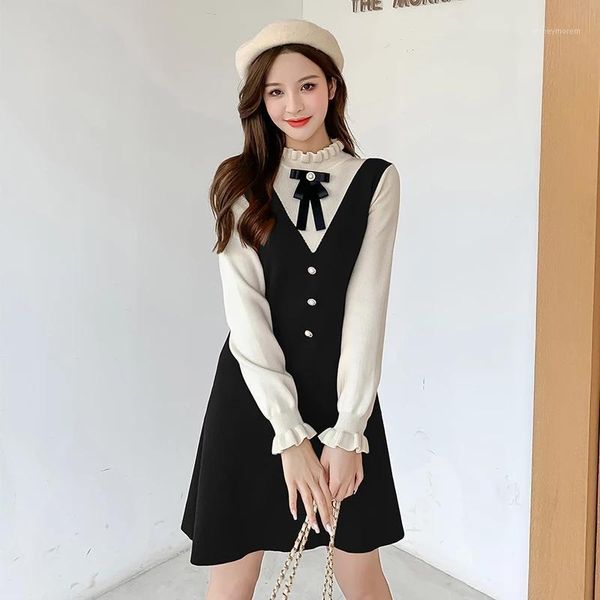 

casual dresses autumn winter dress hit color women sweater bow o-neck long sleeve knitted female a-line jumpers1, Black;gray