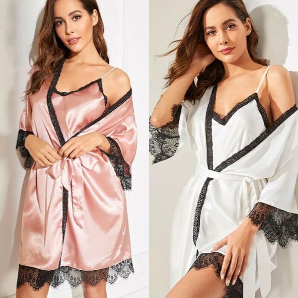 

2019 elegant women 2pcs v neck lace silk lingerie set pajamas sling nightdress robe suit sleepwear underwear soft1, Black;red