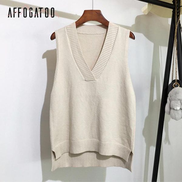 

Affogatoo Casual solid color knitted sweater 20 color comfortable V-neck sleeveless Pullover everyday Versatile autumn sweater, White;black