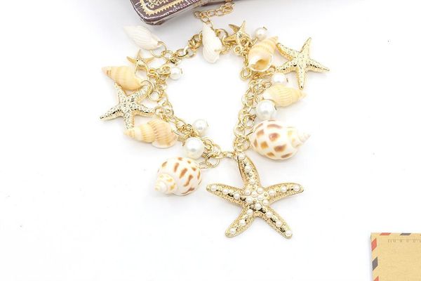 

chain charm simulated-pearl shell ocean style multi beach bracelet bangle, Golden;silver