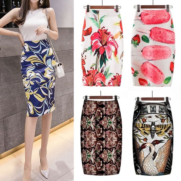 

ready stock fashion women elastic high waist pencil skirts midi skirt women printed plus size commuter short skirt, Black