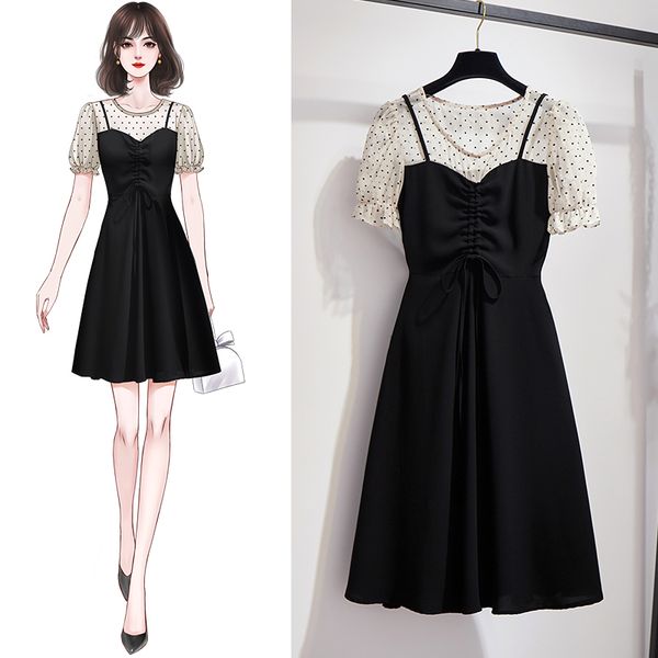 

fake two pieces dot lace up pleating patchwork short sleeve o-neck knee-length a-line plue size black holiday coctail dress party