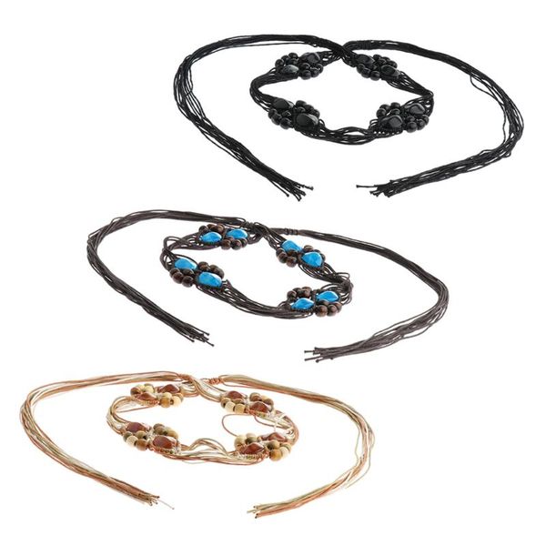 

bohemian style women wax rope woven belt wooden beads decorative tassel belt, Black;brown