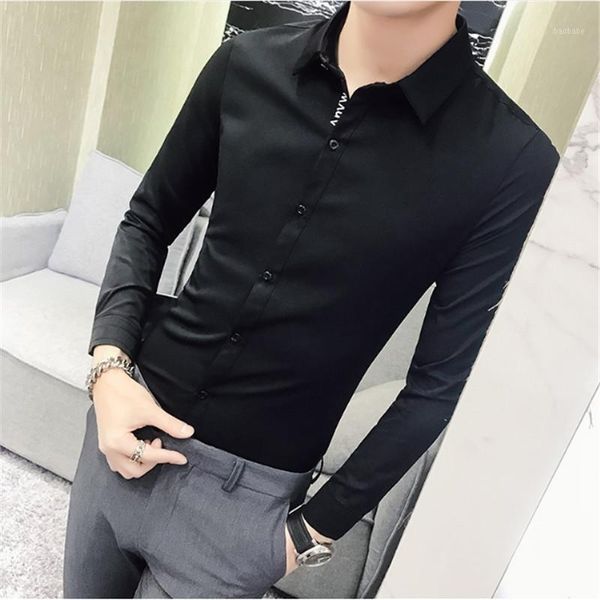 

male spring slim fit letter tuxedo shirt white shirt dress long sleeve casual business social shirts plus size1, White;black