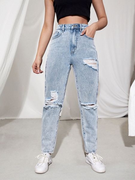 

zipper fly ripped straight leg jeans 31kh#, Blue