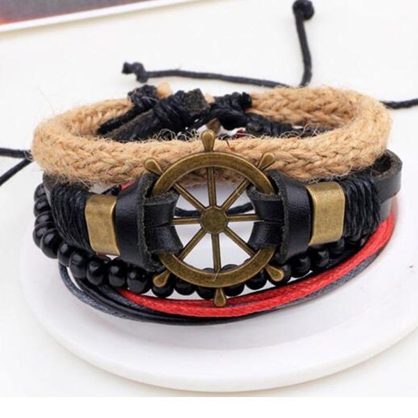 

4pcs/ set punk braided wrap leather bracelets for men women vintage wooden beads ethnic tribal wristbands men bracelet wmtphe, Golden;silver