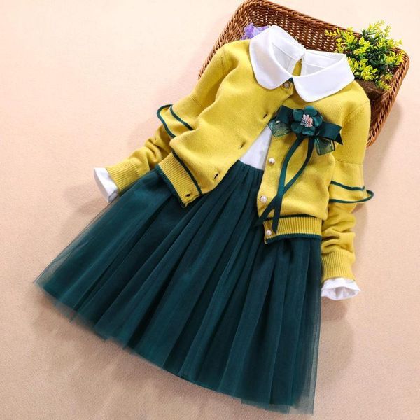 

clothing sets children set spring autumn winter girls long-sleeved cardigan sweater coat+dress 2pcs suit for girl clothes3 5 9 11year1, White