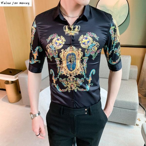 

luxury shirt baroque men 2021 summer half sleeve crown print dress shirts streetwear social casual slim shirt camisa masculina, White;black
