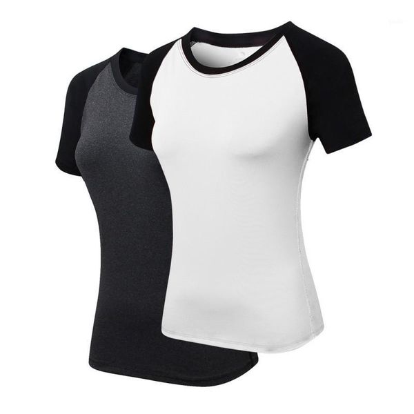 

women fitness yoga skinny short sleeve fitness running sports training quick dry elastic color matching round neck t-shirt1, Black;blue