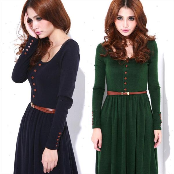 

women knitted dress elegant long sleeve o neck pleated dresses plus size black with button belt gift, Black;gray