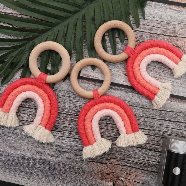 

rainbow tassel macrame wooden boho baby teether cotton cord wood teething toy shower gift q1214
