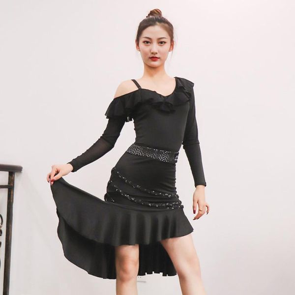 

stage wear one feather latin dance suit women jumpsuits practise dancing jacket inclined shoulder long-sleeved conjoined1, Black;red