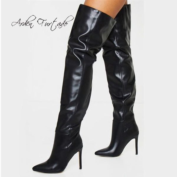 

boots winter pointed toe 2021 stilettos heels fashion women's shoes concise elegant zipper ladies over the knee 43, Black