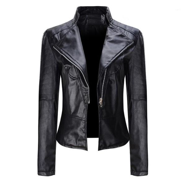 

2020 classic design women's pu soft leather jacket short slim motorcycle jacket ladies with zipper black coat1