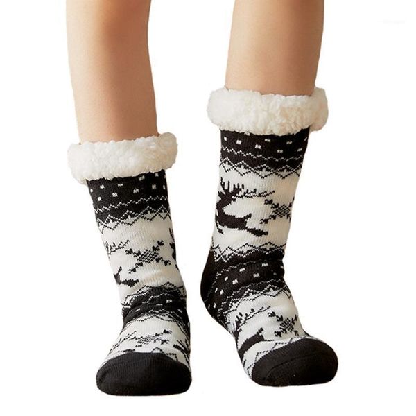 

christmas socks female mid-tube floor socks plus velvet sleep1, Black