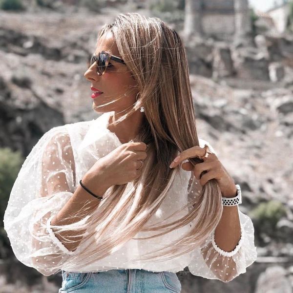 

women's blouses & shirts 2021 summer women chiffon blouse shirt transparent mesh beading puff sleeve female office lady blusa outfits1, White