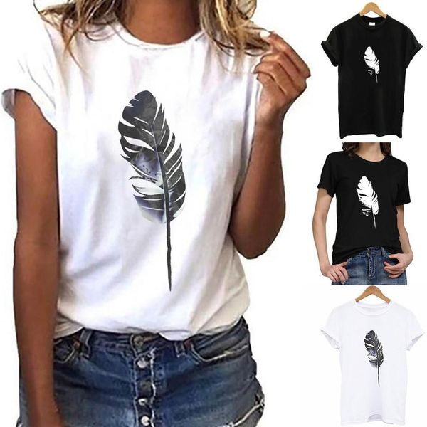 

dropshipping plus size 2020 summer fashion women tshirts o-neck short sleeve t-shirt feather print casual tee #45, White
